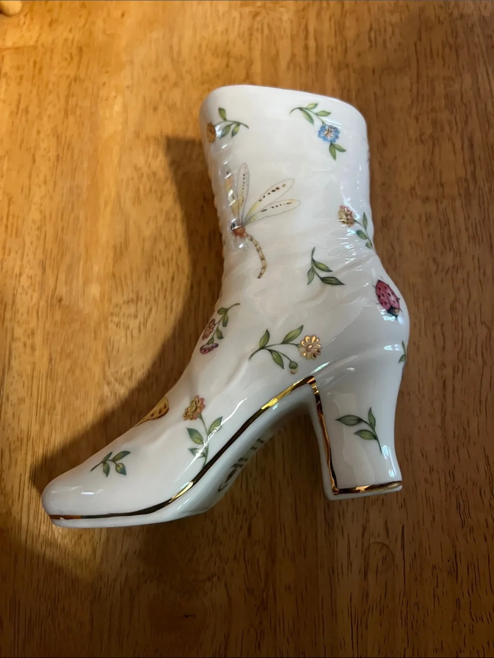 Vintage White Ankle Boot Heels with Yellow Butterfly, Dragonfly & Floral Vase
